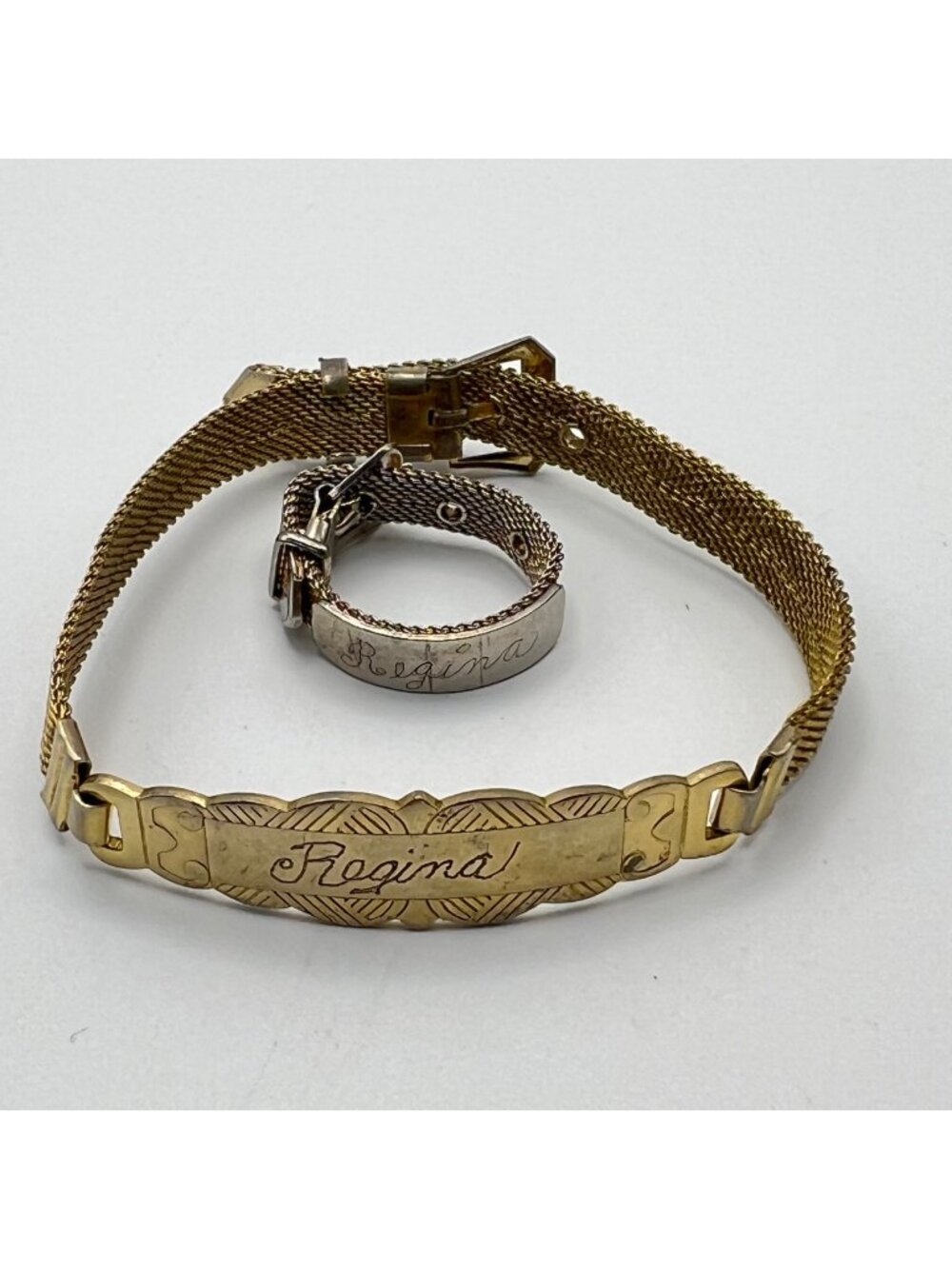 Vintage Gold Tone ID Bracelet Ring Set "Regina" Mesh Belt Buckle Adjustable